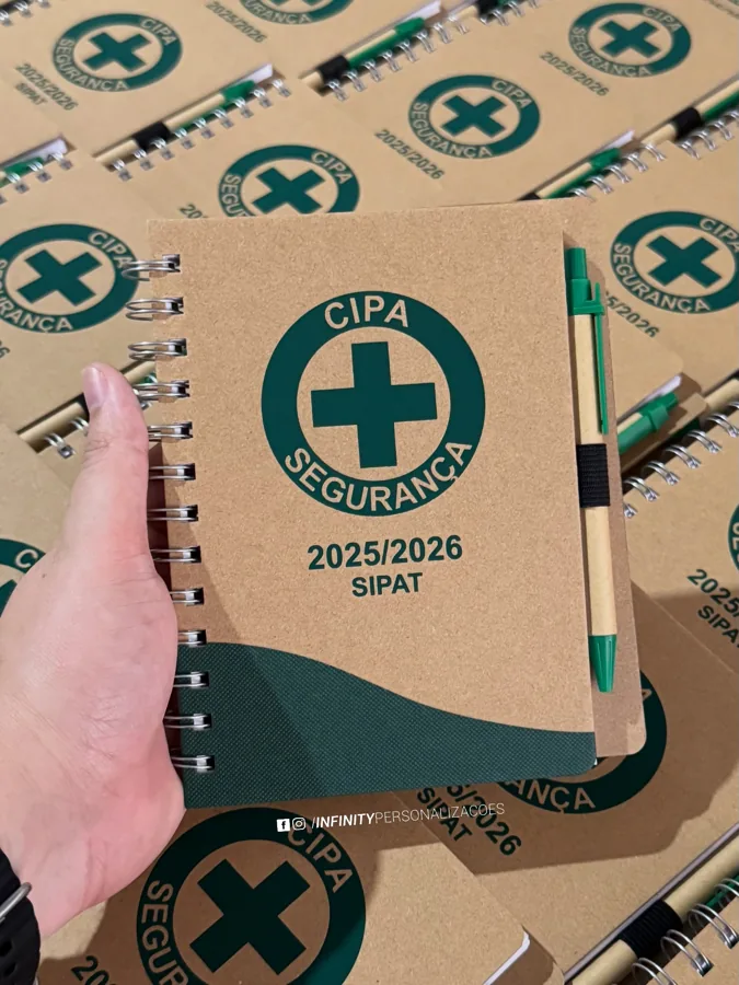 Caderno e caneta personalizados para SIPAT produzidos em Cuiabá